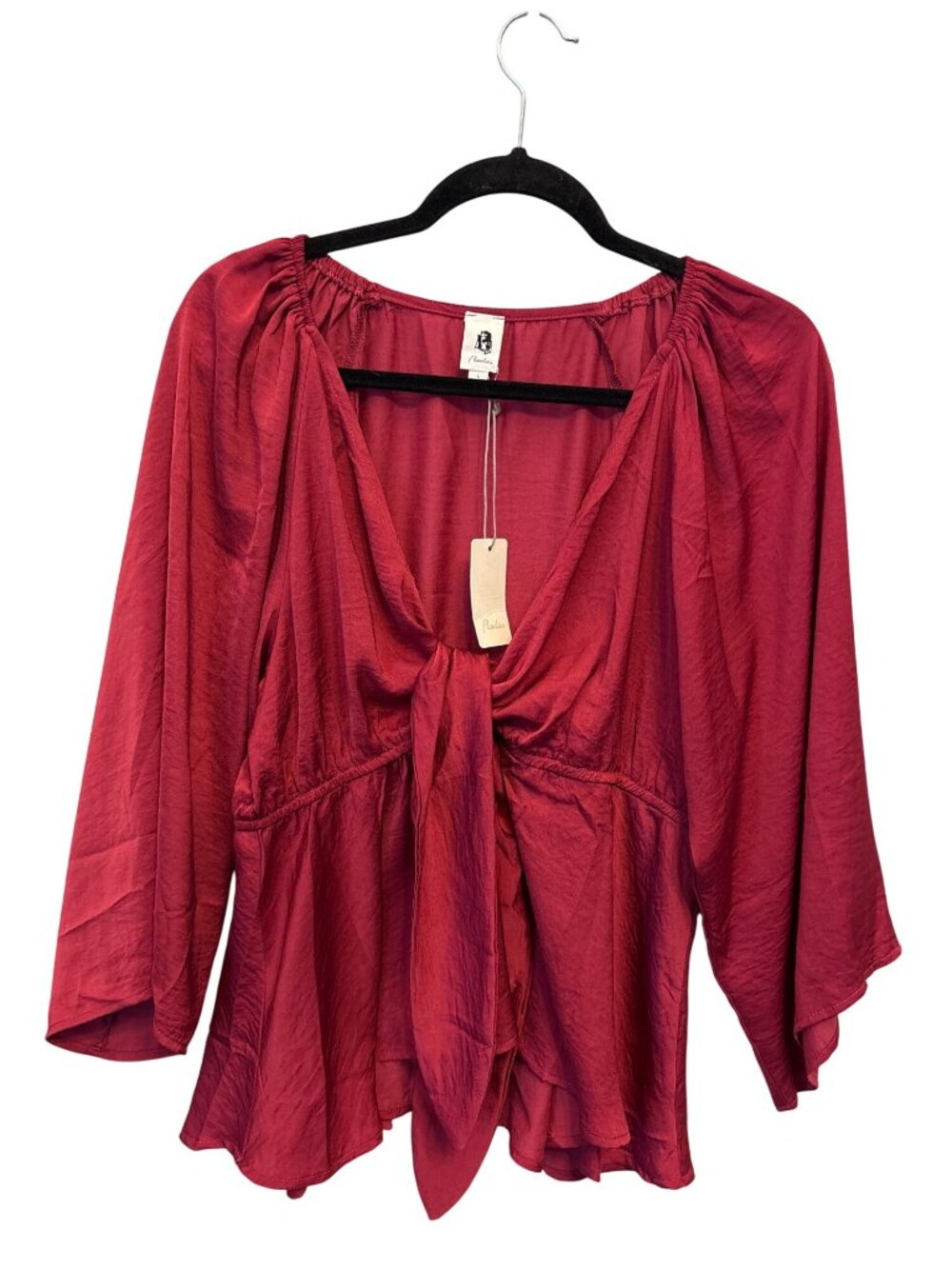 Flawless Blouse Size Large Tie Front Elastic Waist Peplum Top Burgundy Chic NEW